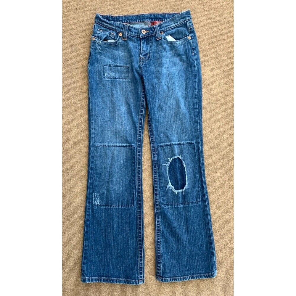 Bongo Distressed Bootcut Jeans Womens 9 Low Rise Patch Blue Y2K Boho Denim